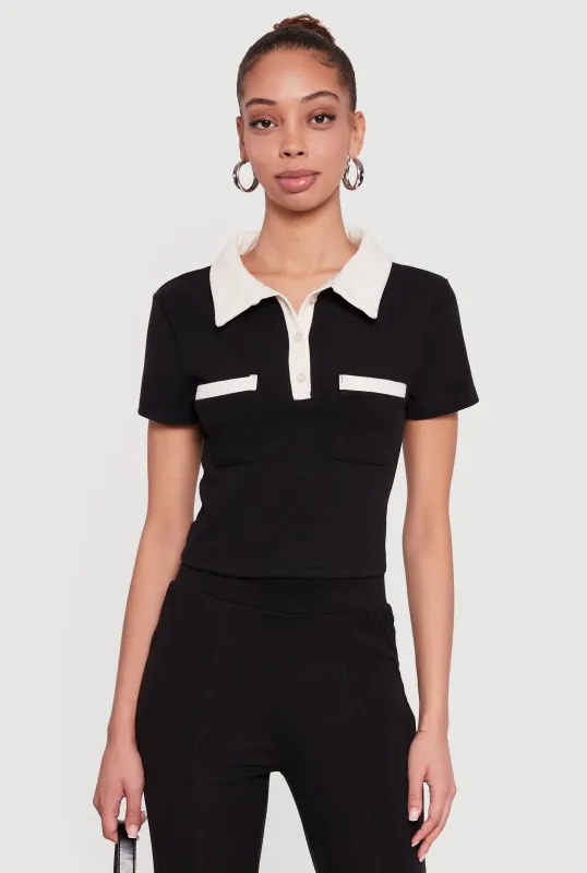 Contrast Trim Cropped Short Sleeve Polo Top sold by Rainbow