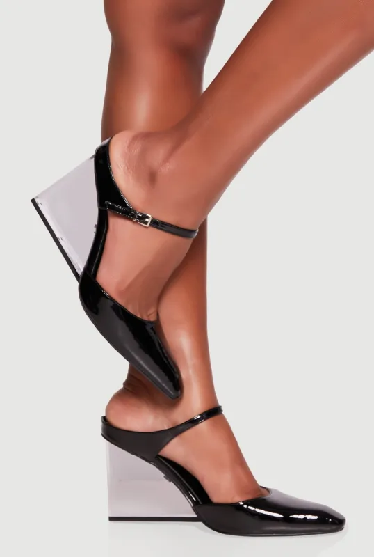 Pointy Toe Clear Wedge Faux Leather High Heels made by Rainbow