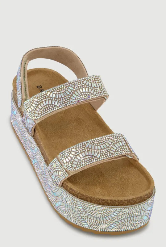Iridescent Rhinestone Double Strap Platform Sandals sold by Rainbow