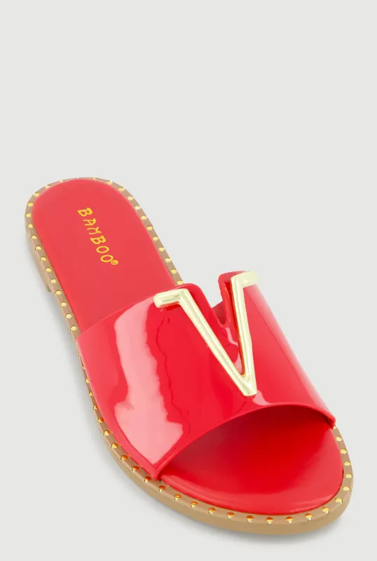 Metallic V Pendant Notched Band Slide Sandals sold by Rainbow