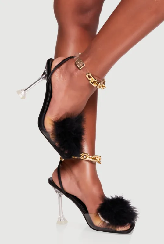 Feather Detail Chain Ankle Strap Spool High Heels sold by Rainbow