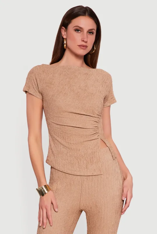 Textured Knit Boat Neck Side Slit Blouse sold by Rainbow