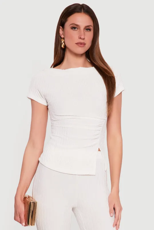 Textured Knit Boat Neck Side Slit Blouse sold by Rainbow