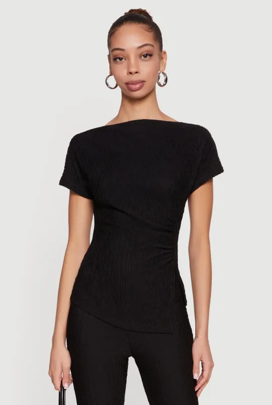 Textured Knit Boat Neck Side Slit Blouse sold by Rainbow