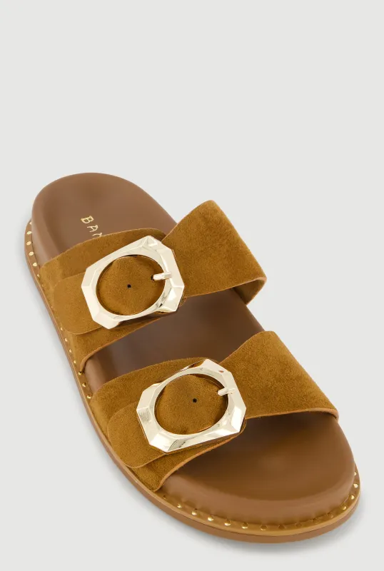Studded Trim Faux Suede Double Buckle Footbed Slide Sandals sold by Rainbow
