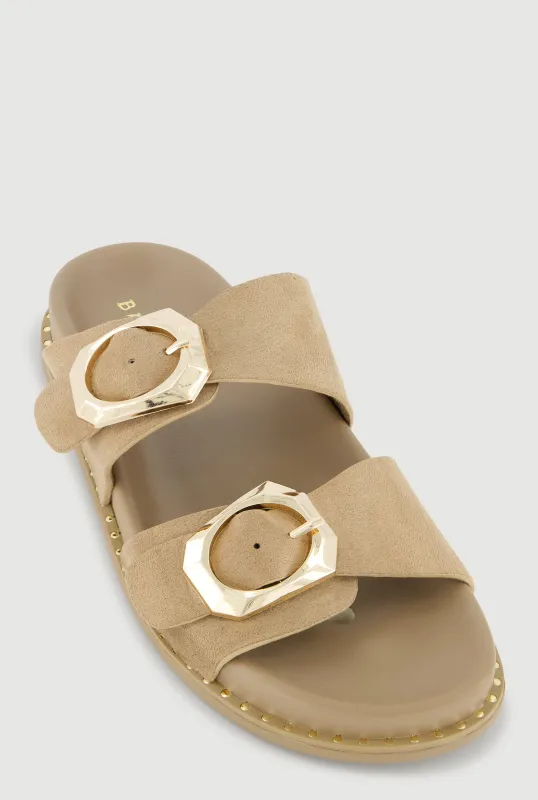 Studded Trim Faux Suede Double Buckle Footbed Slide Sandals sold by Rainbow