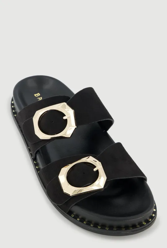 Studded Trim Faux Suede Double Buckle Footbed Slide Sandals sold by Rainbow