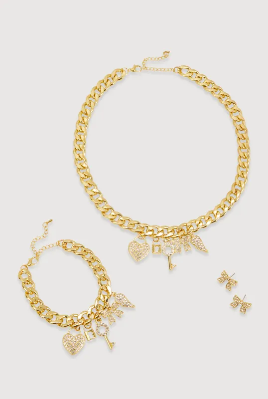 Rhinestone Charm Bracelet and Necklace with Bow Earrings sold by Rainbow
