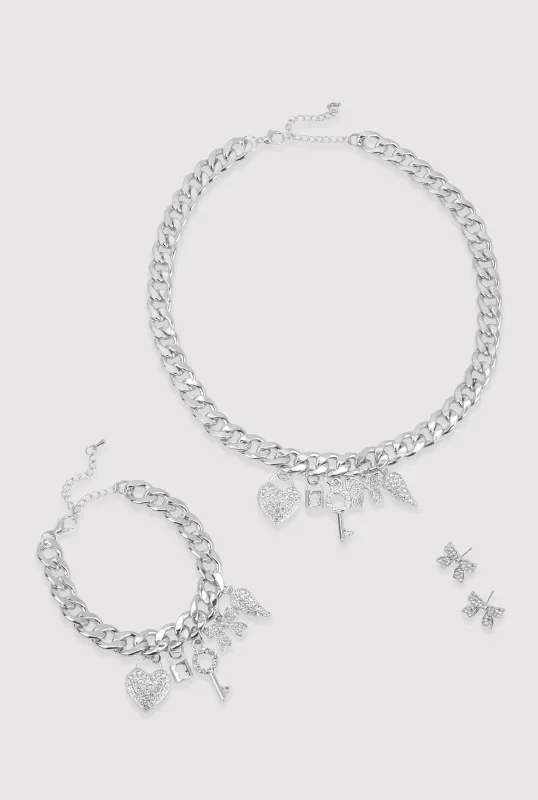 Rhinestone Charm Bracelet and Necklace with Bow Earrings sold by Rainbow