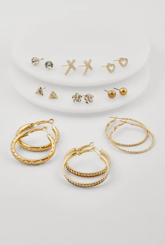 Hoop and Dainty Stud Earrings Set of 9 sold by Rainbow