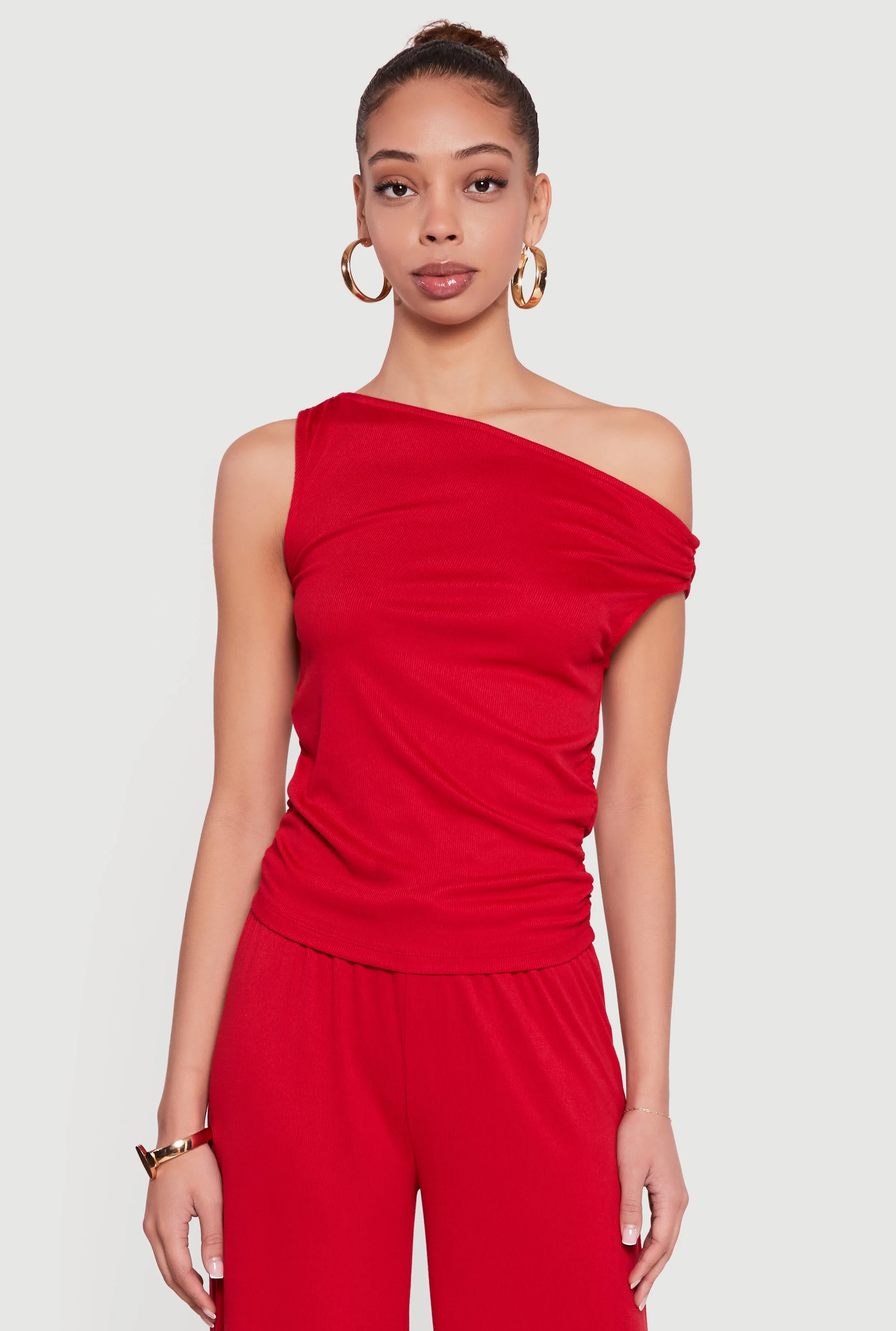 Side Ruched One Shoulder Ribbed Knit Blouse sold by Rainbow product image thumbnail 2