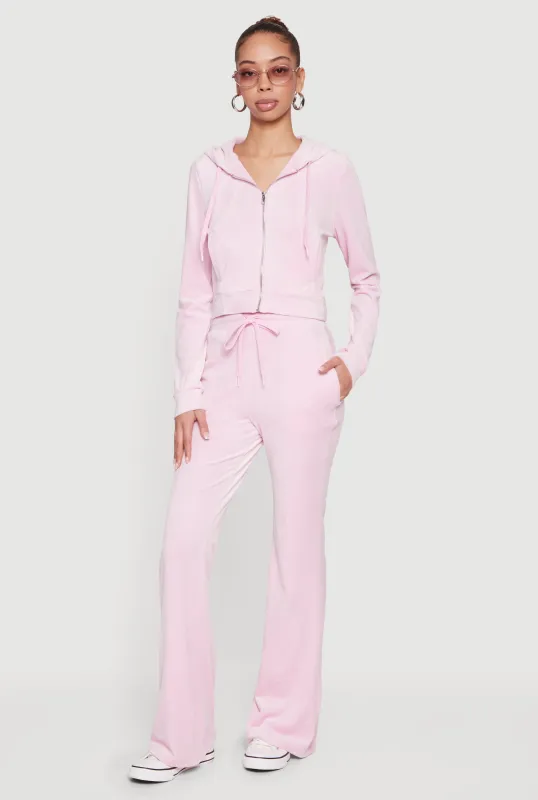 Drawstring High Waisted Velour Flare Leg Sweatpants made by iris