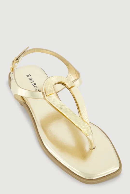 Metallic Loop Pendant Ankle Strap Thong Sandals sold by Rainbow