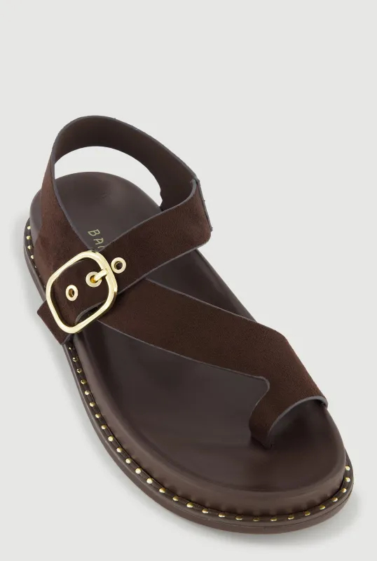 Metallic Buckle Faux Suede Toe Loop Sandals sold by Rainbow