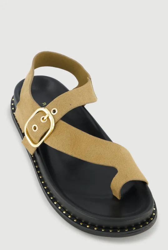 Metallic Buckle Faux Suede Toe Loop Sandals sold by Rainbow