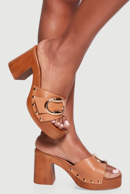 Metallic Studded Detail Wooden Platform Block Heel Sandals sold by Rainbow