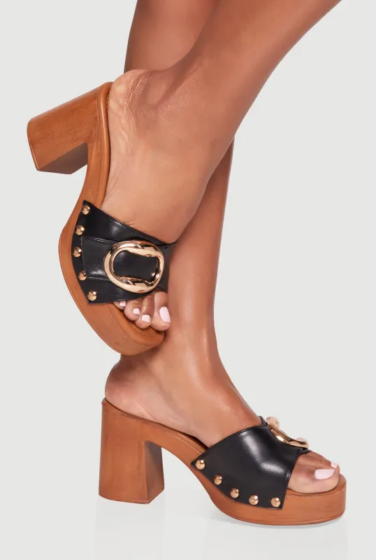 Metallic Studded Detail Wooden Platform Block Heel Sandals sold by Rainbow