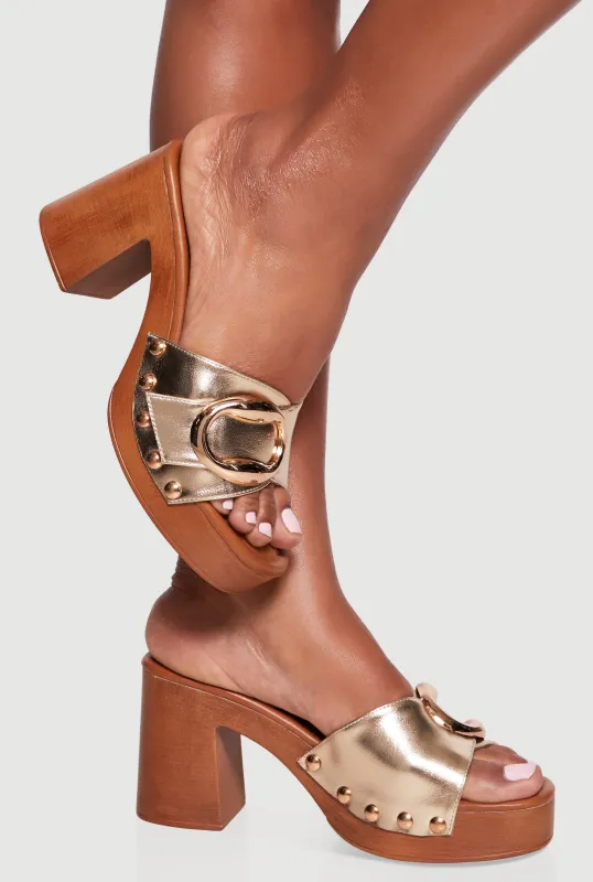 Metallic Studded Detail Wooden Platform Block Heel Sandals sold by Rainbow