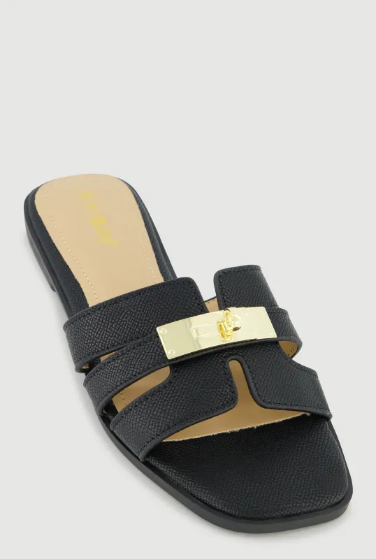 Metallic Pendant Cut Out Band Slide Sandals sold by Rainbow