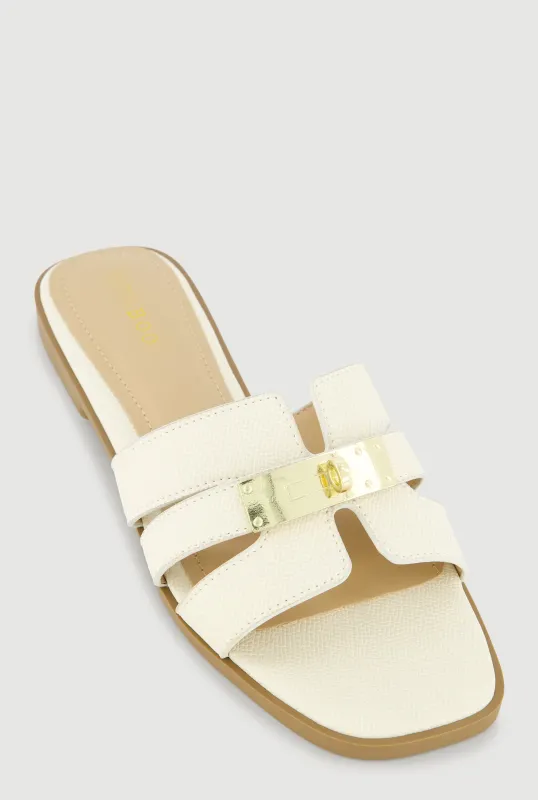 Metallic Pendant Cut Out Band Slide Sandals sold by Rainbow