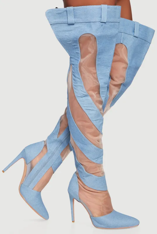 Chevron Mesh Insert Denim Thigh High Stiletto Heel Boots sold by Rainbow