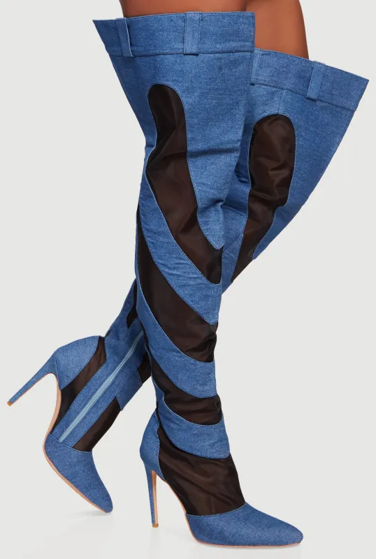 Chevron Mesh Insert Denim Thigh High Stiletto Heel Boots sold by Rainbow