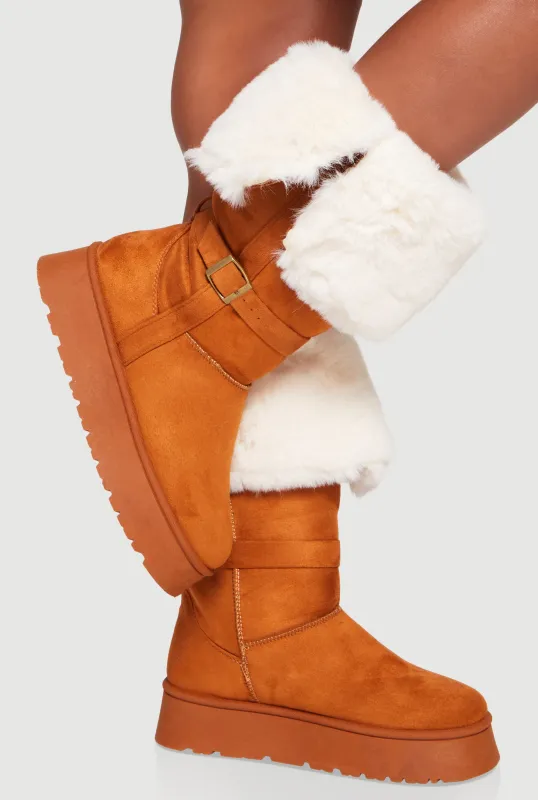 Faux Fur Cuff Buckle Detail Platform Boots sold by Rainbow
