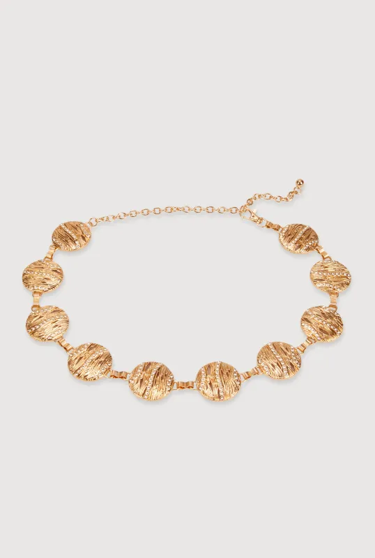 Textured Medallion Chain Belt with Rhinestones sold by Rainbow