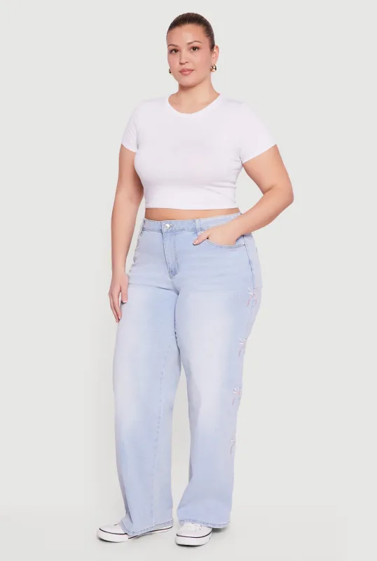 Plus Size High Waisted Embroidered Side Bow Graphic Jeans sold by Rainbow