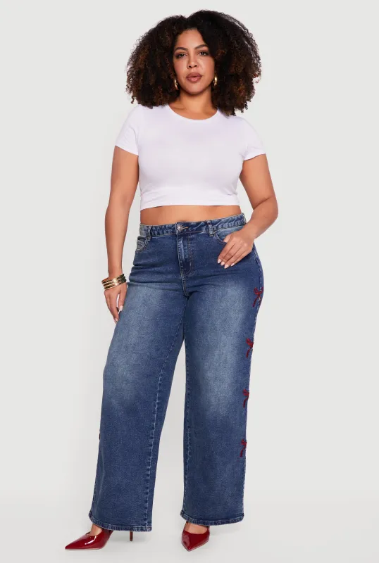 Plus Size High Waisted Embroidered Side Bow Graphic Jeans sold by Rainbow