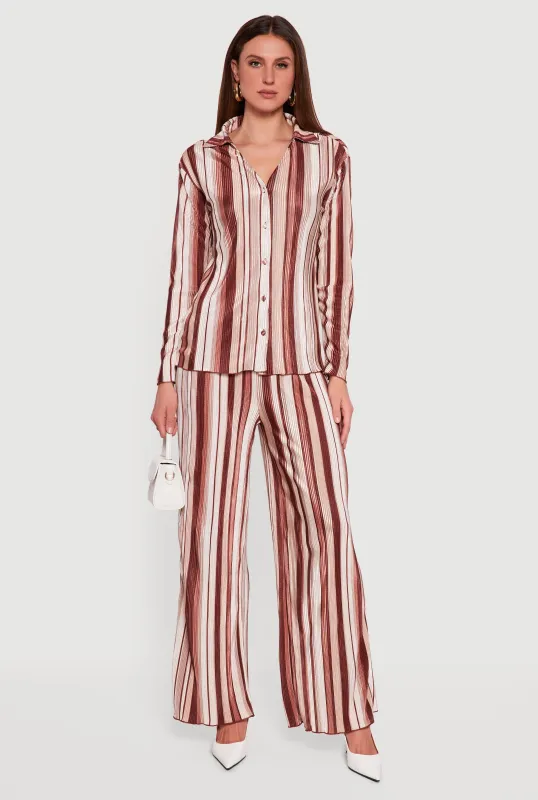 Striped High Waisted Wide Leg Plisse Pants sold by Rainbow