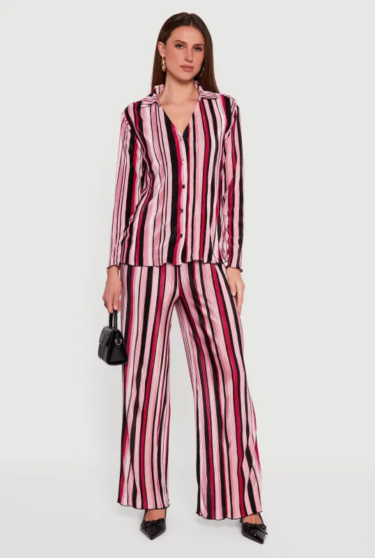 Striped High Waisted Wide Leg Plisse Pants sold by Rainbow