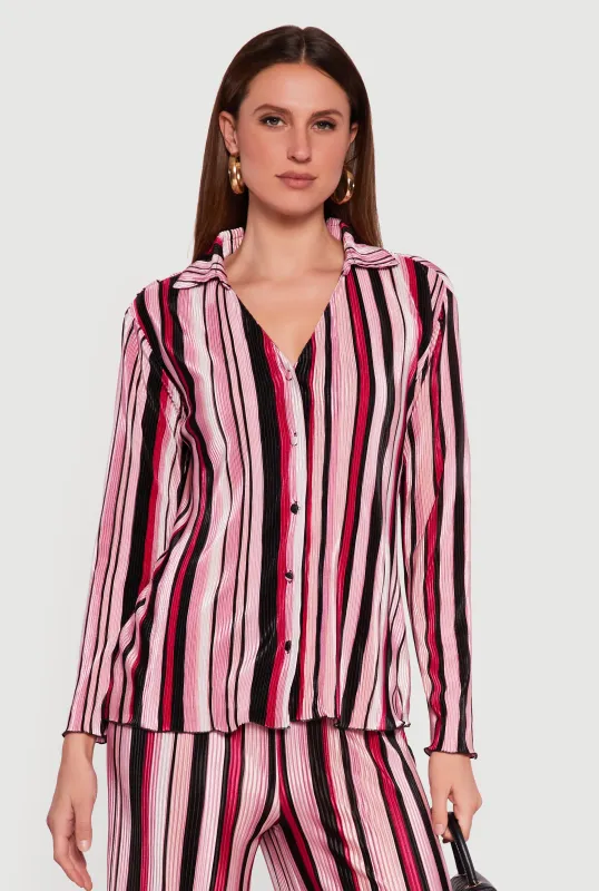 Collared Long Sleeve Striped Plisse Blouse sold by Rainbow
