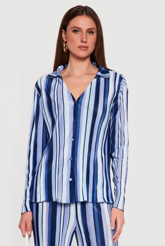 Collared Long Sleeve Striped Plisse Blouse made by Almost Famous