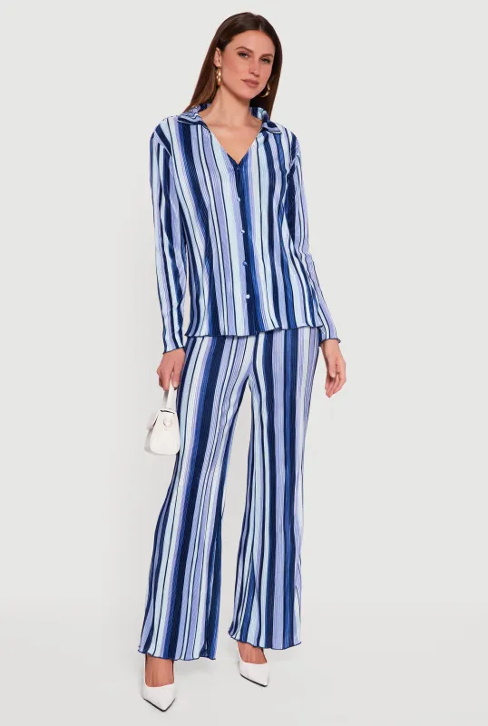 Striped High Waisted Wide Leg Plisse Pants sold by Rainbow