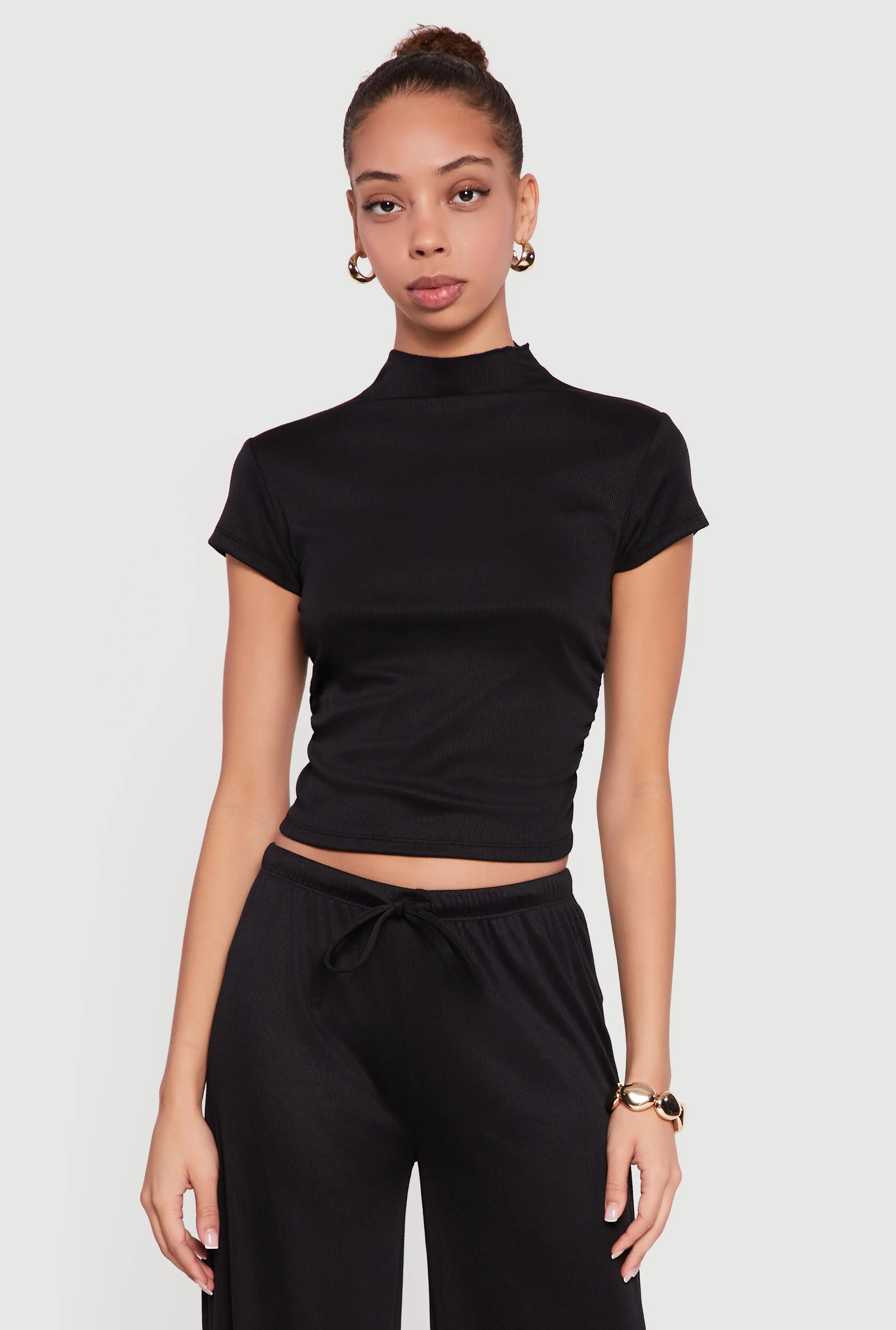 Ribbed Knit Ruched Mock Neck Crop Top sold by Rainbow