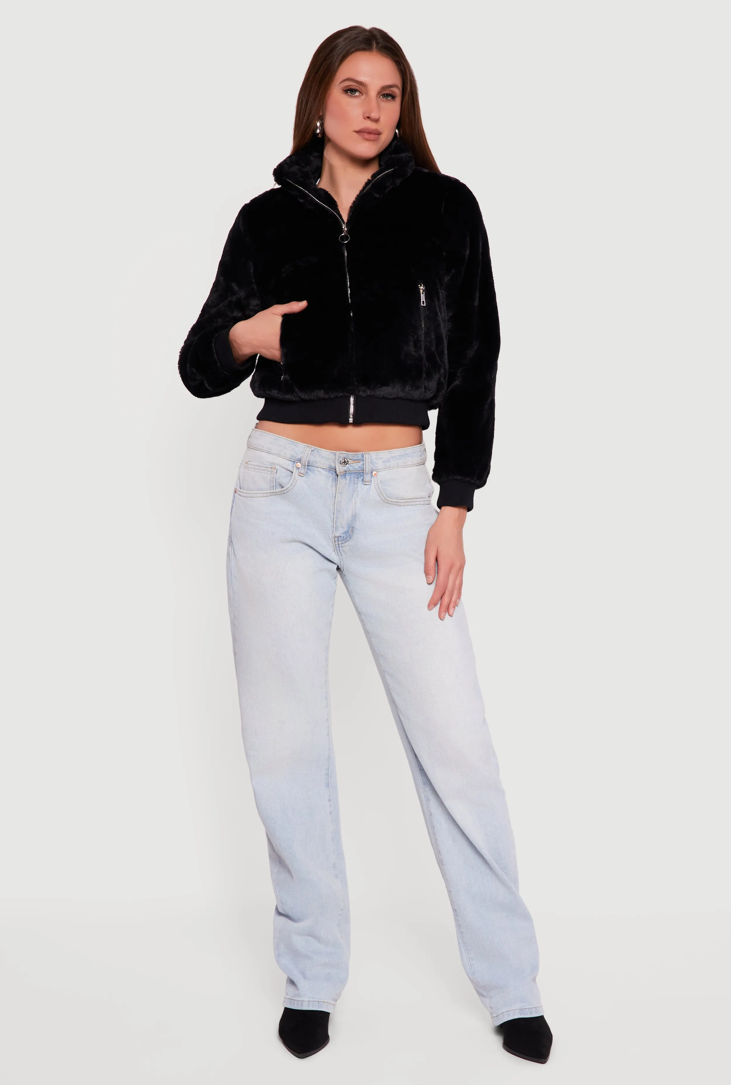 Faux Fur Cropped Long Sleeve Mock Neck Zip Front Jacket sold by Rainbow