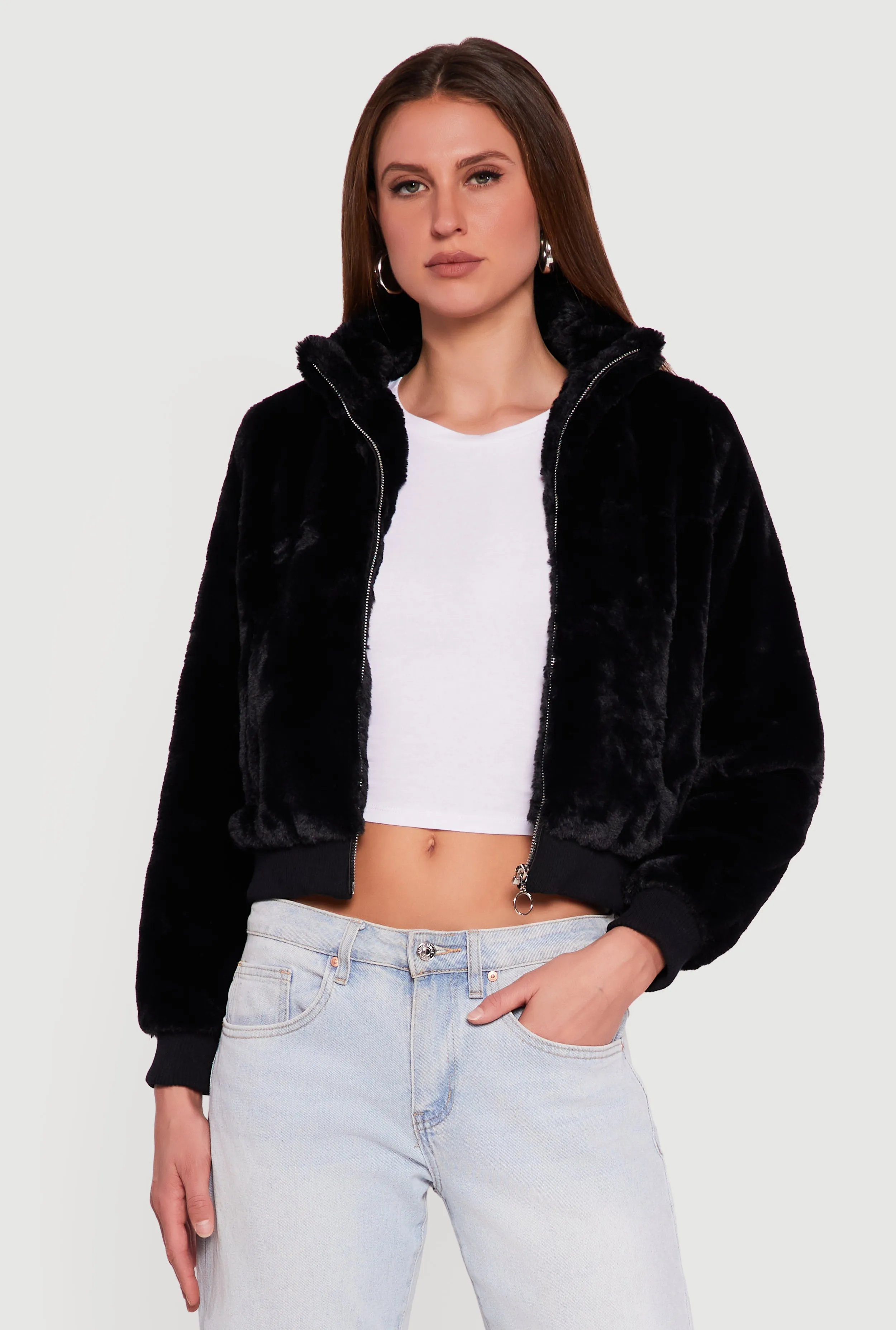Faux Fur Cropped Long Sleeve Mock Neck Zip Front Jacket sold by Rainbow product image thumbnail 2