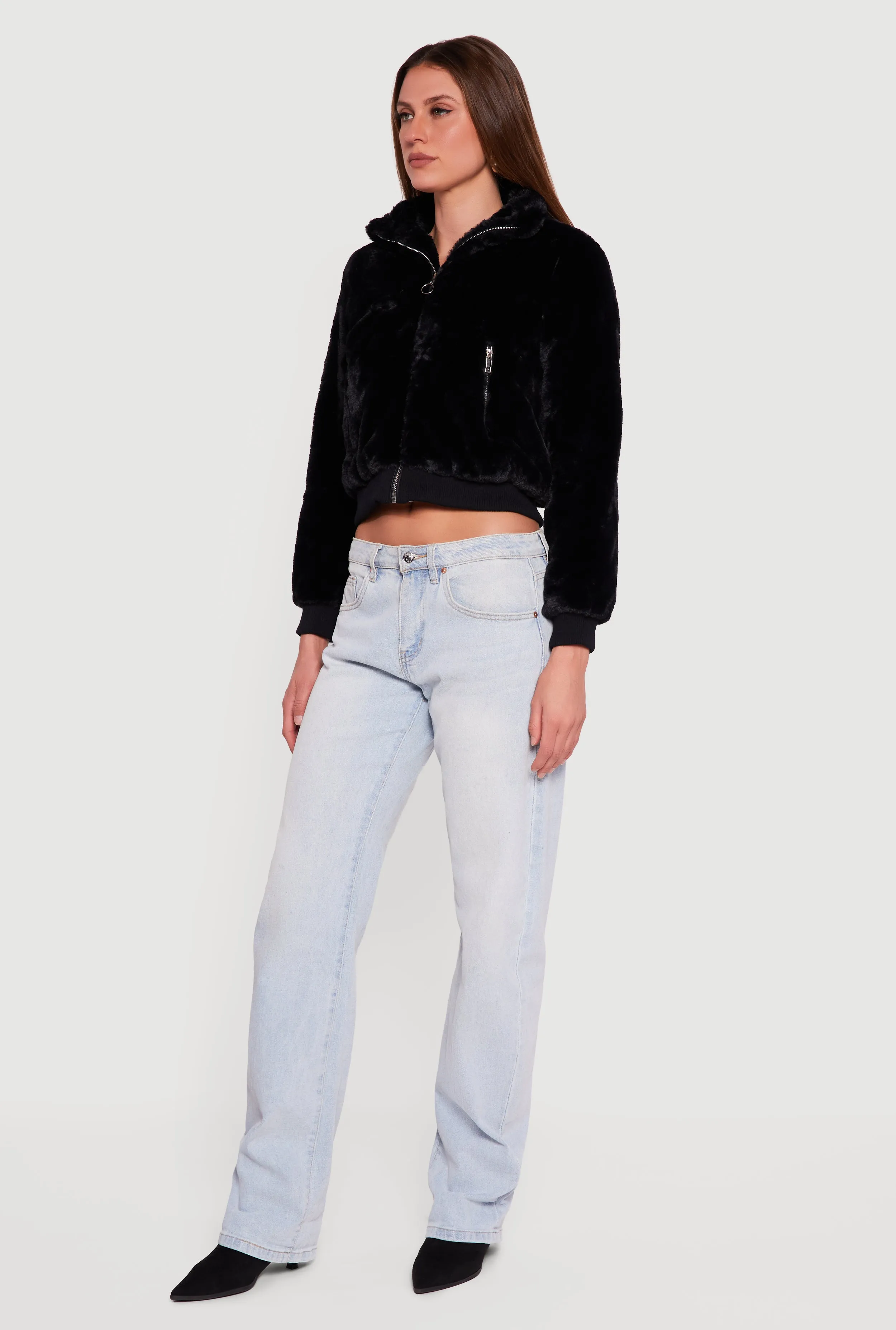 Faux Fur Cropped Long Sleeve Mock Neck Zip Front Jacket sold by Rainbow product image thumbnail 3