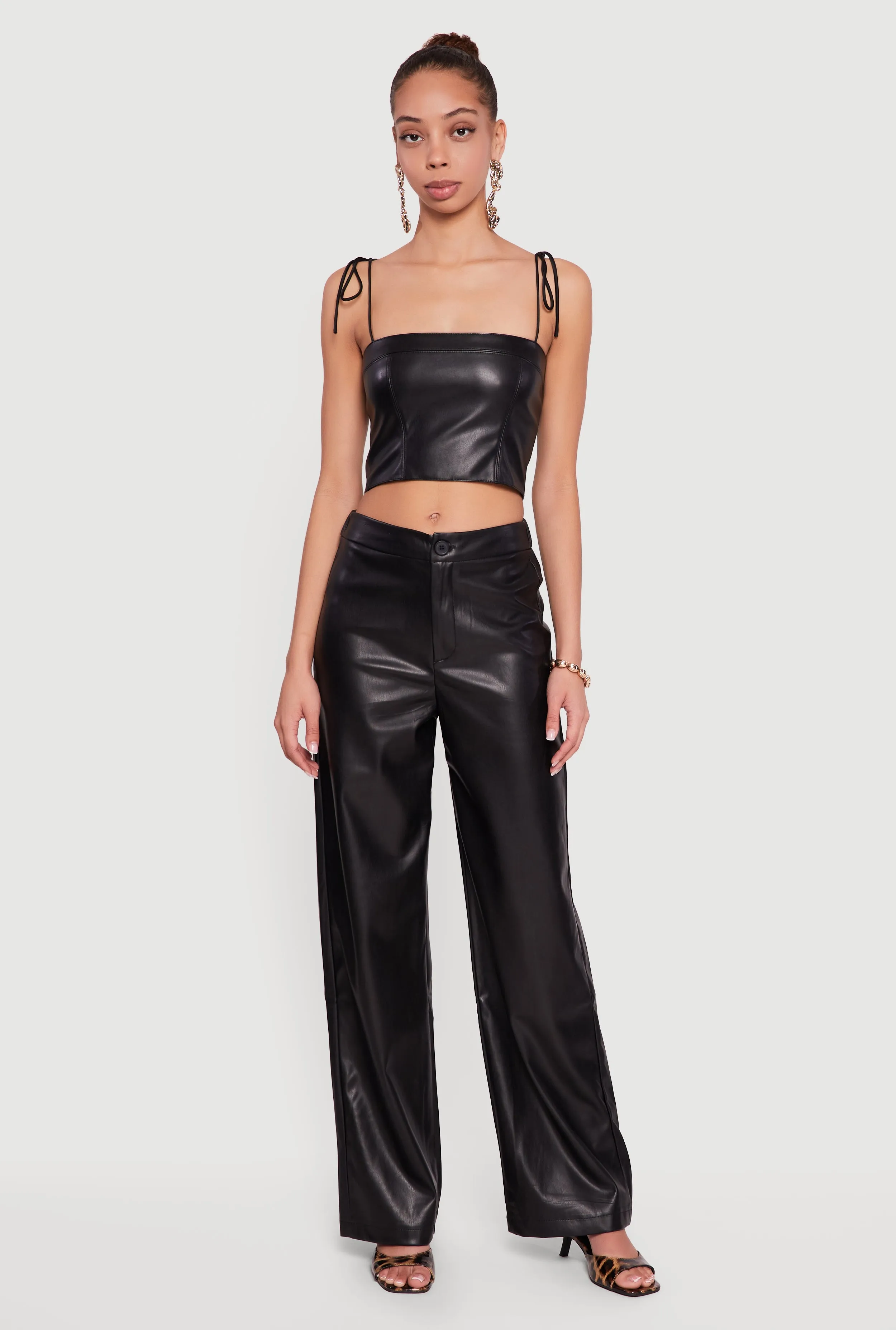 Solid Faux Leather Straight Leg Dress Pants sold by Rainbow