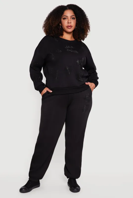 Plus Size Almost Famous Rhinestone Graphic Detail Sweatpants sold by Rainbow