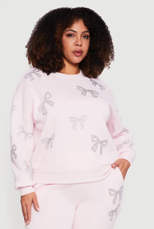 Plus Size Rhinestone Bow Print Pullover Sweatshirt sold by Rainbow