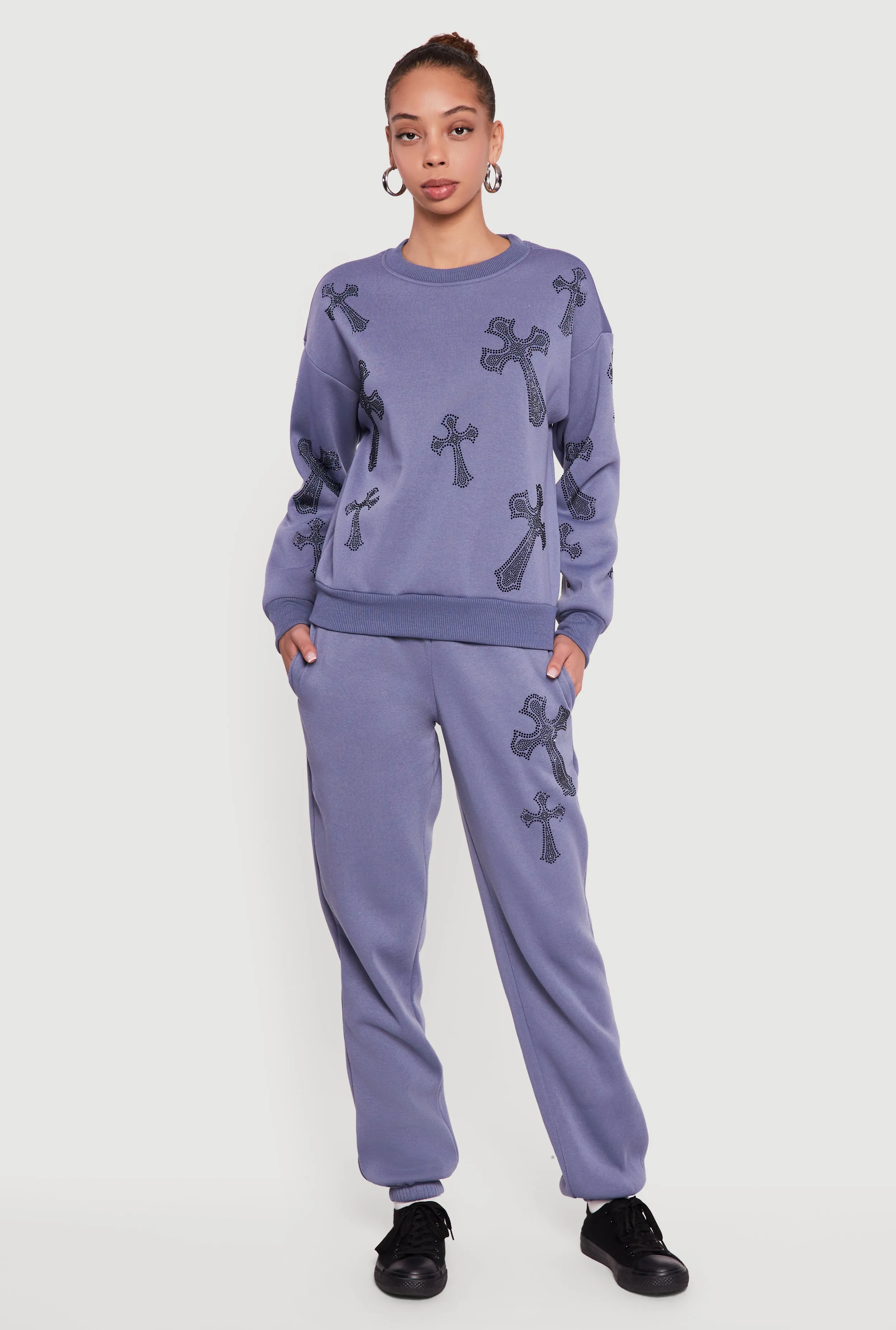 Almost Famous Rhinestone Graphic Sweatpants sold by Rainbow