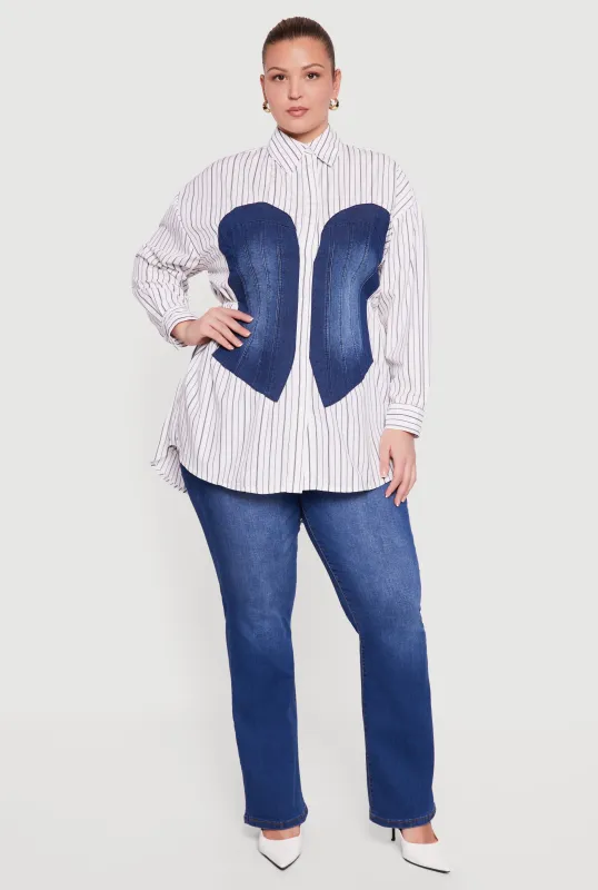 Plus Size Denim Corset Detail Button Down Long Sleeve Blouse sold by Rainbow