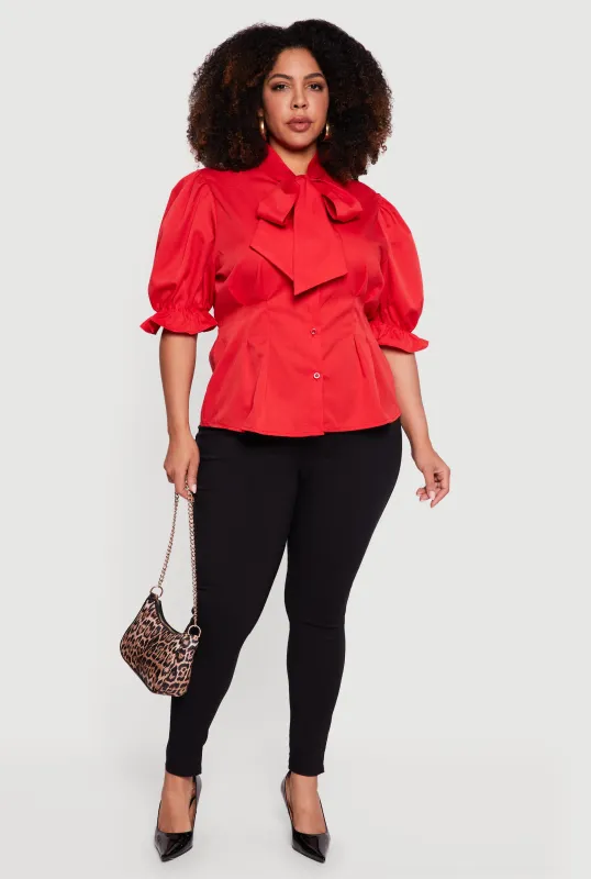 Plus Size Puff Sleeve Bow Tie Neck Blouse sold by Rainbow