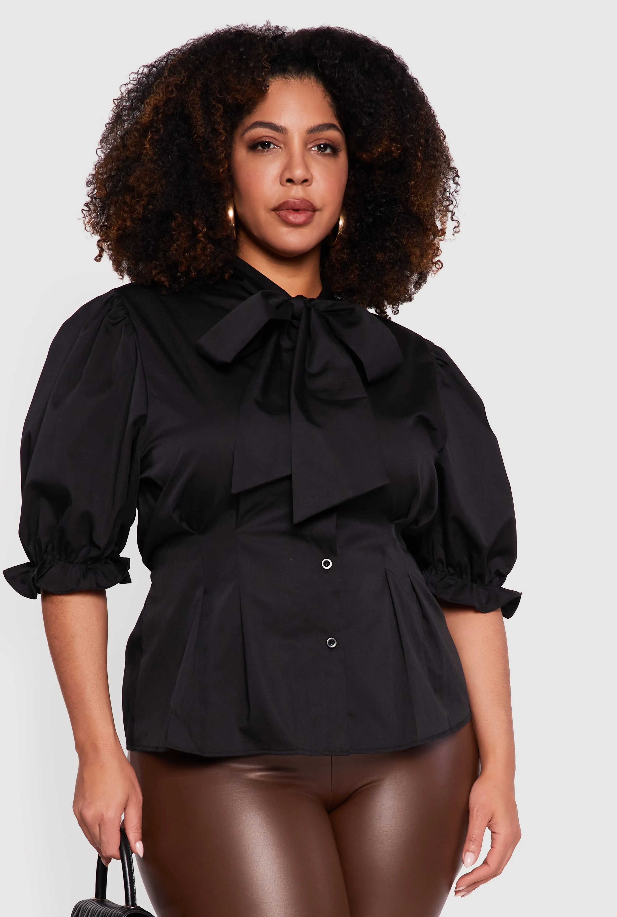 Plus Size Puff Sleeve Bow Tie Neck Blouse sold by Rainbow product image thumbnail 2