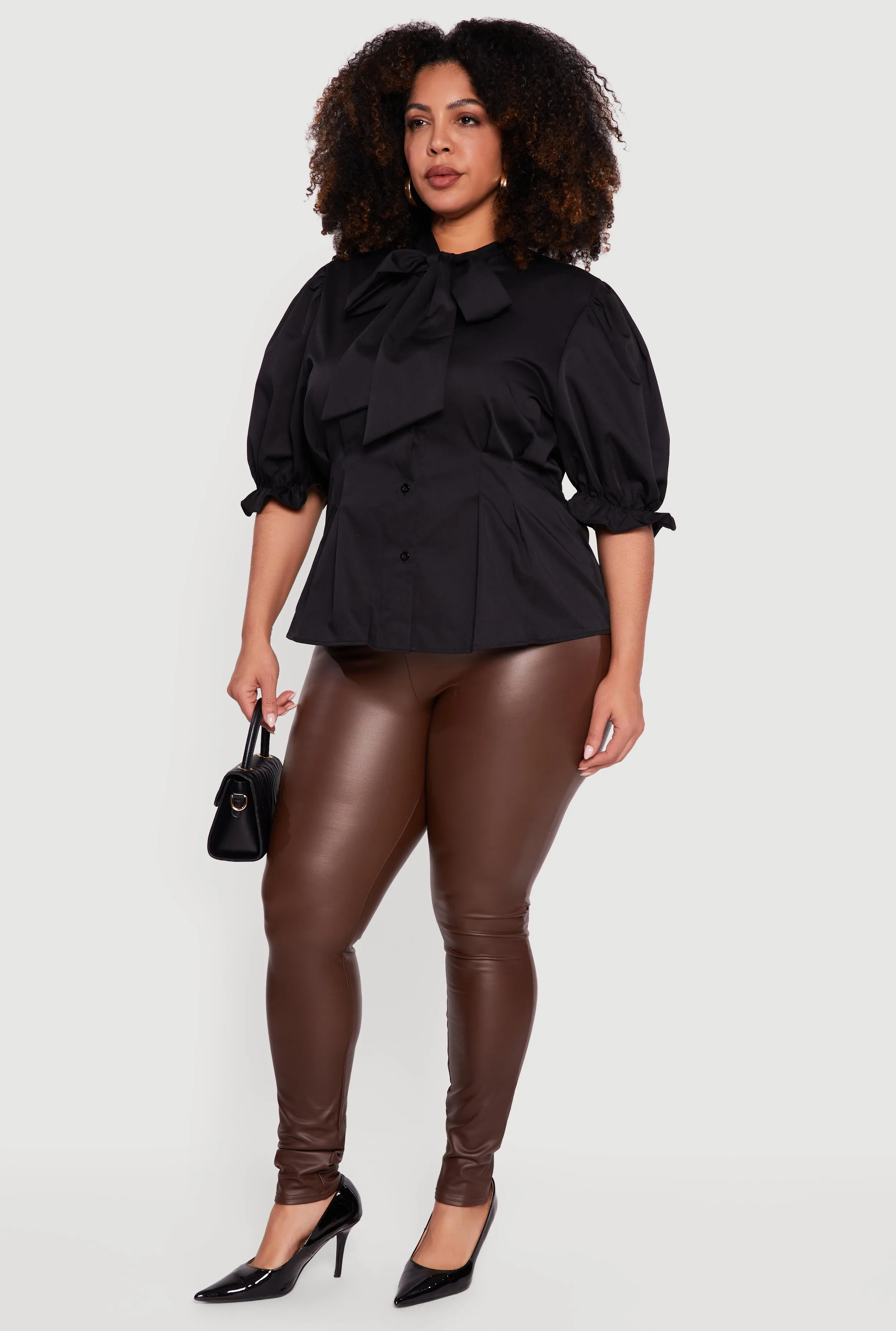 Plus Size Puff Sleeve Bow Tie Neck Blouse sold by Rainbow product image thumbnail 3