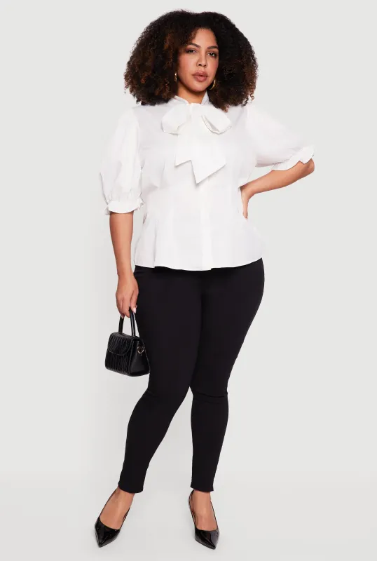 Plus Size Puff Sleeve Bow Tie Neck Blouse sold by Rainbow