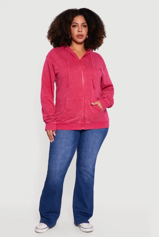 Plus Size Acid Wash Zip Front Fleece Hoodie sold by Rainbow