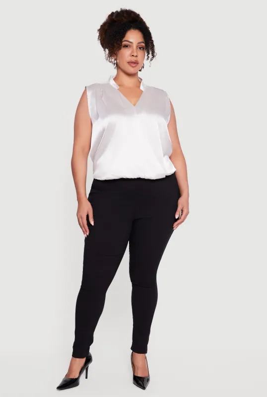 Plus Size Sleeveless Notch Neck Satin Faux Wrap Top made by Rainbow